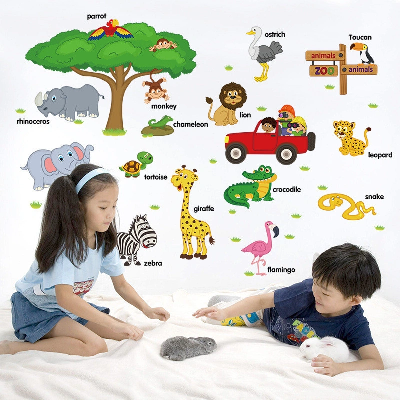 Stiker Dinding Edukasi + Pengukur Tinggi - Gambar Hewan Lucu untuk Hiasan Kamar Anak