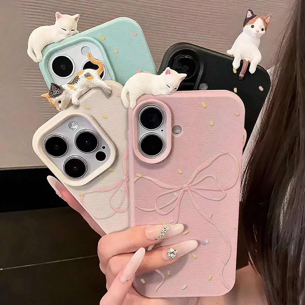 Leather Casing Ponsel Lucu 3D Kartun Diy Lying Cat for IPhone 11-16 Pro Max XR 12pro 13pro XS Max 14 15 16 Plus Anti-Fall Soft Back Cover