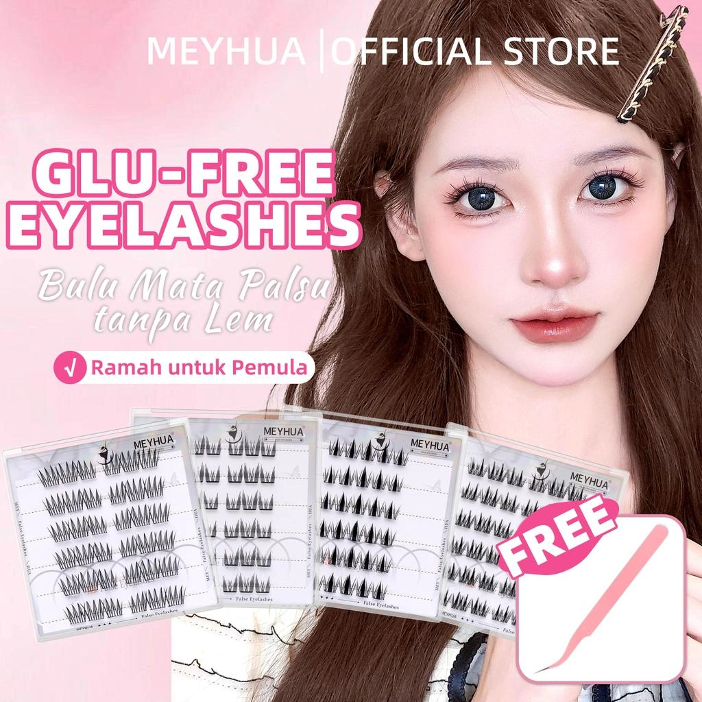 [Tanpa Lem] Meyhua Bulu Mata Palsu Free Pinset Pink Bulumata Serat Kapas Hitam Pekat