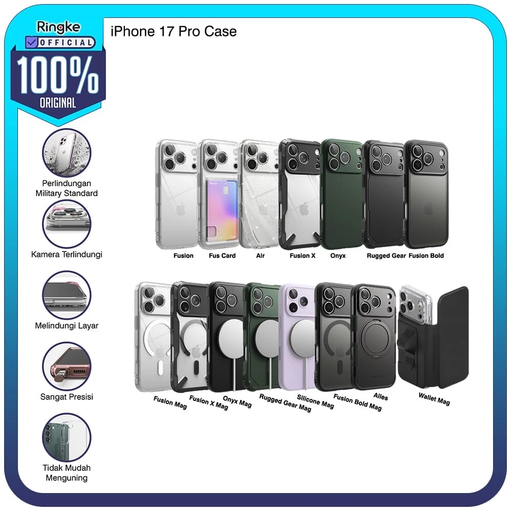 Casing Ringke for iPhone 17 Pro Magnetic Fusion Bold / Fusion X / Onyx / Rugged Gear / Silicone / Folio Grip Wallet / Alles / UX / Card / Air Case Magsafe Slot Kartu Standing Dompet Hybrid Tipis Anti Slip Military Drop Hardcase Protect Kamera No Yellowing