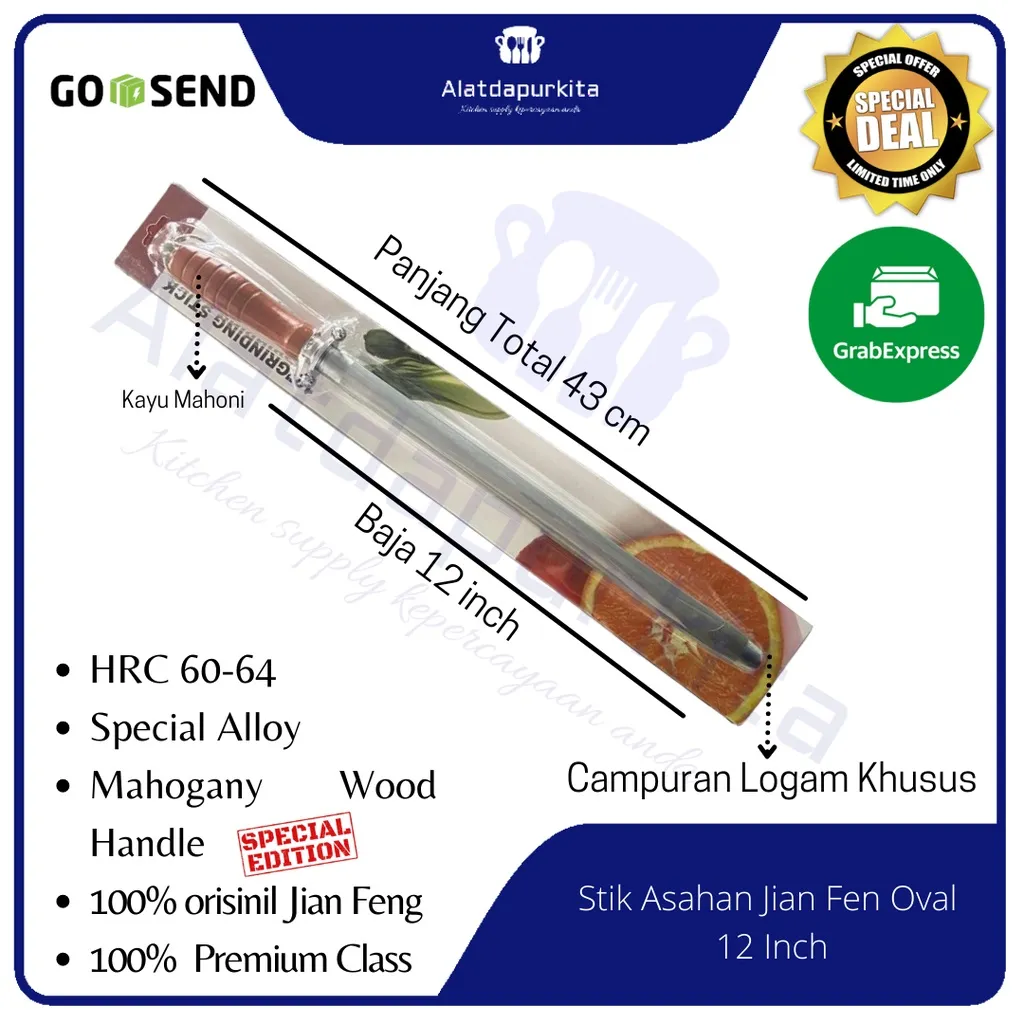 Pengasah Pisau Asahan Bahan Baja Merk Jian Feng Bentuk Oval Handle Kayu Panjang 43 cm