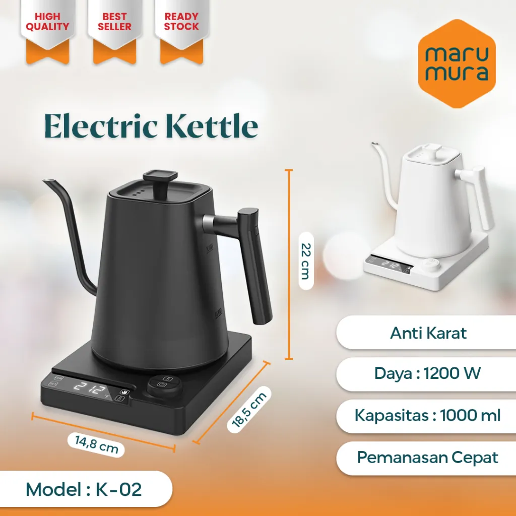 Marumura Smart Coffee Kettle 1000 ml | Smart Gooseneck Coffee Kettle | Teko Kopi Leher Angsa | Teko Kopi Elektrik