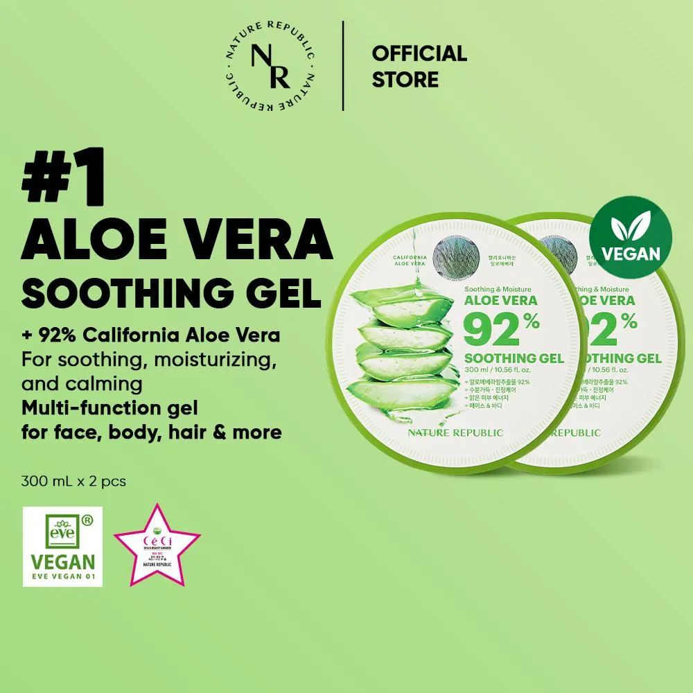 NATURE REPUBLIC [2 PCS] Soothing & Moisture Aloe Vera 92% Soothing Gel - 300ml | Face & Body Gel Multifungsi dengan Antioxidant Mencerahkan & Menenangkan Kulit Kemerahan atau Iritasi (Jar)