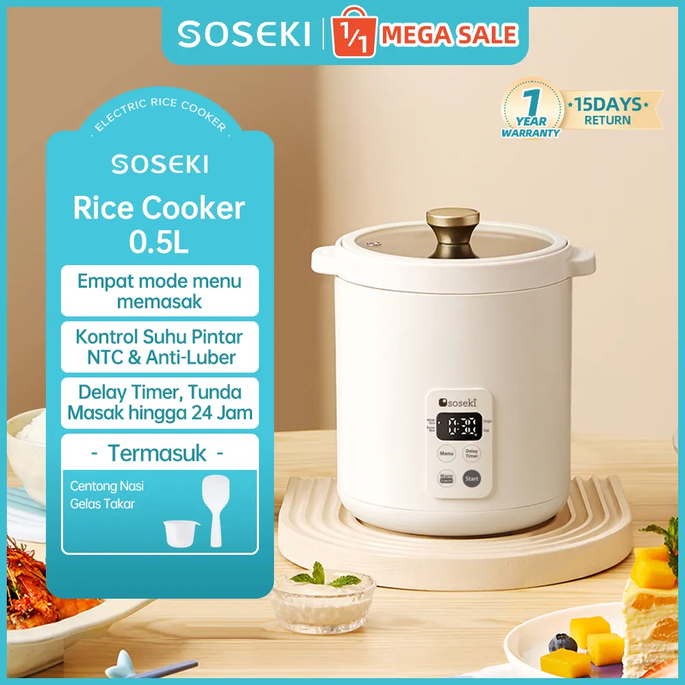 SOSEKI Digital Rice Cooker Mini 0.5 Liter / Magic Com Mini 4 Menu Masak / 200W Low Watt & Anti Lengket