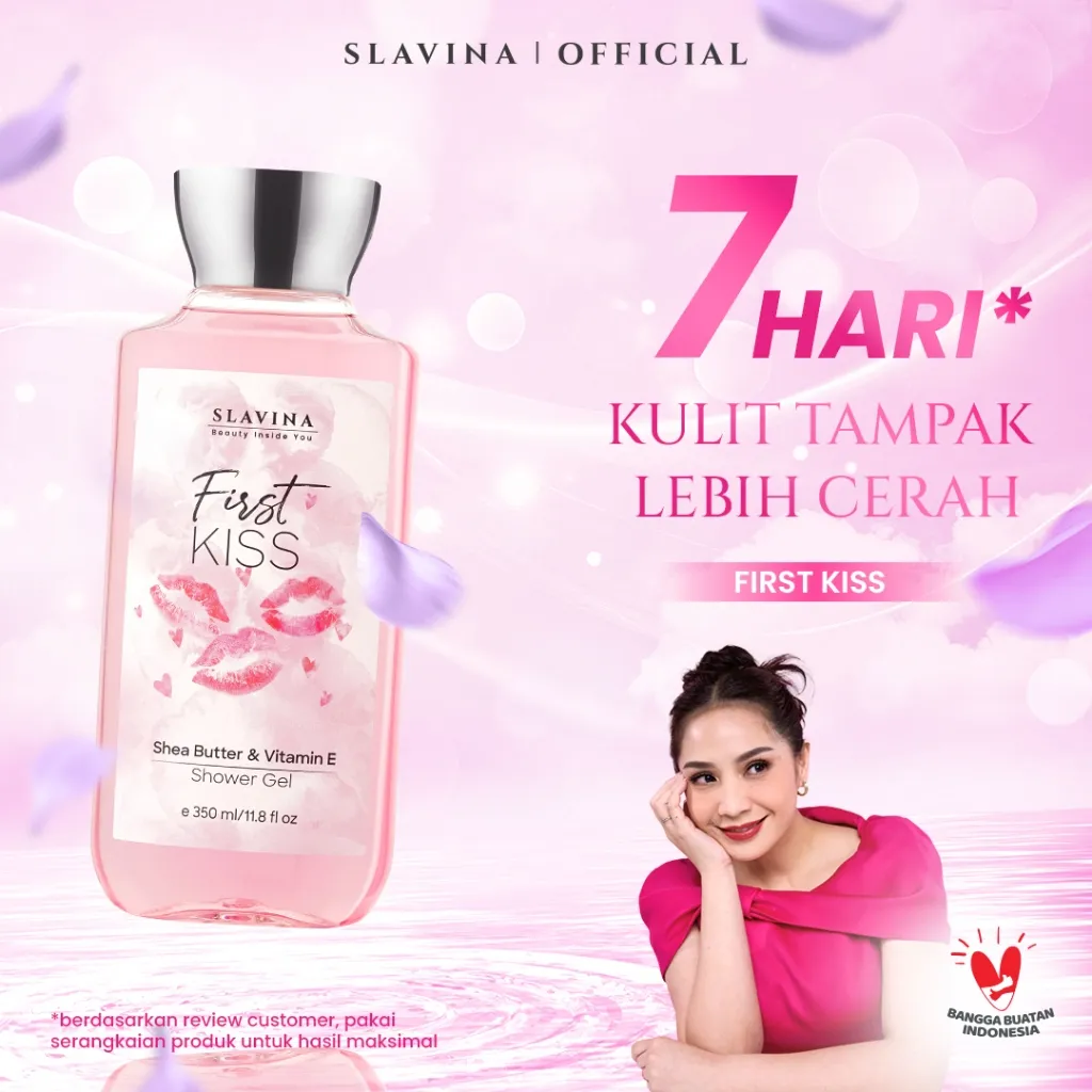 SLAVINA Shower Gel First Kiss by Nagita Slavina – Sabun Mandi Cair Wangi Parfum Mewah Dengan Shea Butter & Vitamin E, Body Wash Melembabkan dan Menutrisi Kulit Agar Lembut Cerah Terawat