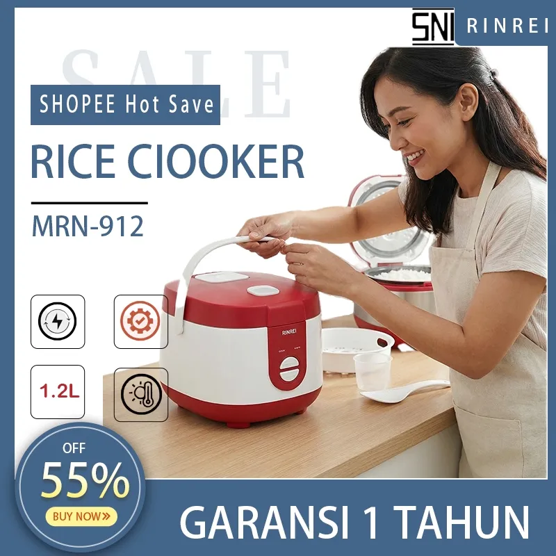 "Rinrei Rice Cooker 1.2L Magic Com Elektrik Anti Lengket, Mini Portable untuk Travel/Student/Kost, Hemat Listrik & Multifungsi dengan Free Steamer - BISA COD"​