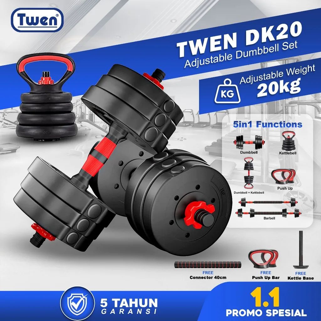 TWEN Dumbbell Set 20kg DS20 DK20 Kettlebell Peralatan Fitness dengan Perawatan Lingkungan