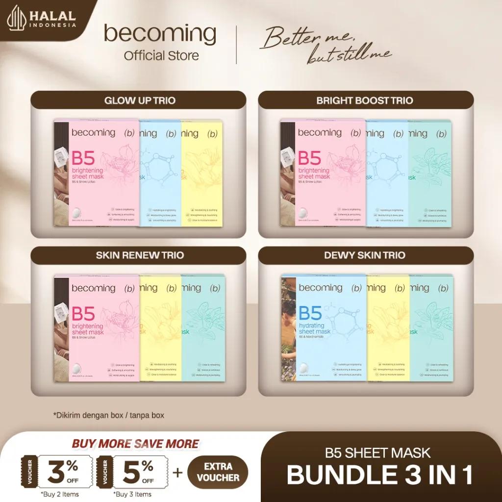 [3 BOX LEBIH MURAH] becoming B5 Sheet Mask 25ml | Bundle Isi 3 Box | Masker Wajah | Sheet Mask | Face Mask | Melembapkan dan Mencerahkan | Kulit Wajah Bercahaya | Menutrisi | Menenangkan | Niacinamide