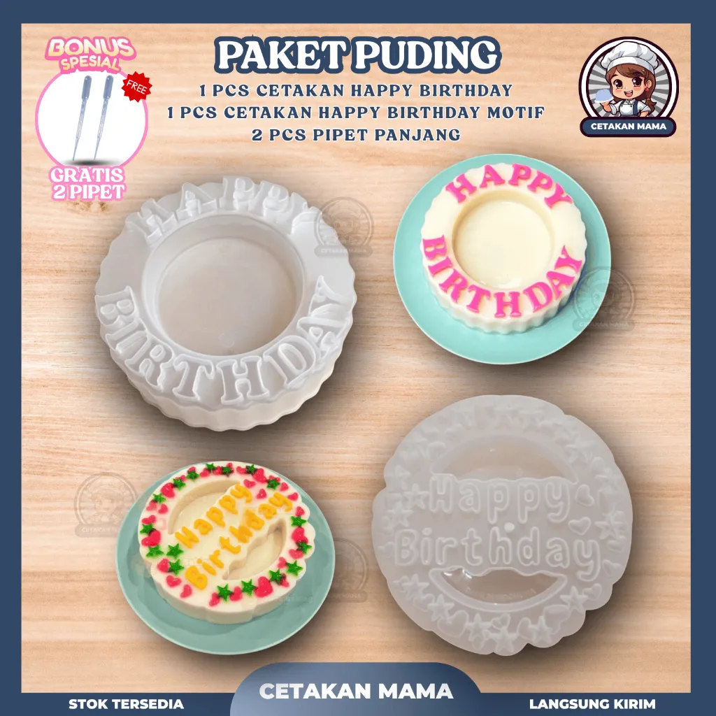 2 PCS Cetakan Puding Happy Birthday Ulang Tahun Plastik Premium 1,2 Liter FREE PIPET / Cetakan Bolu Ulang Tahun Puding Loyang / Cetakan Agar Jelly Pudding