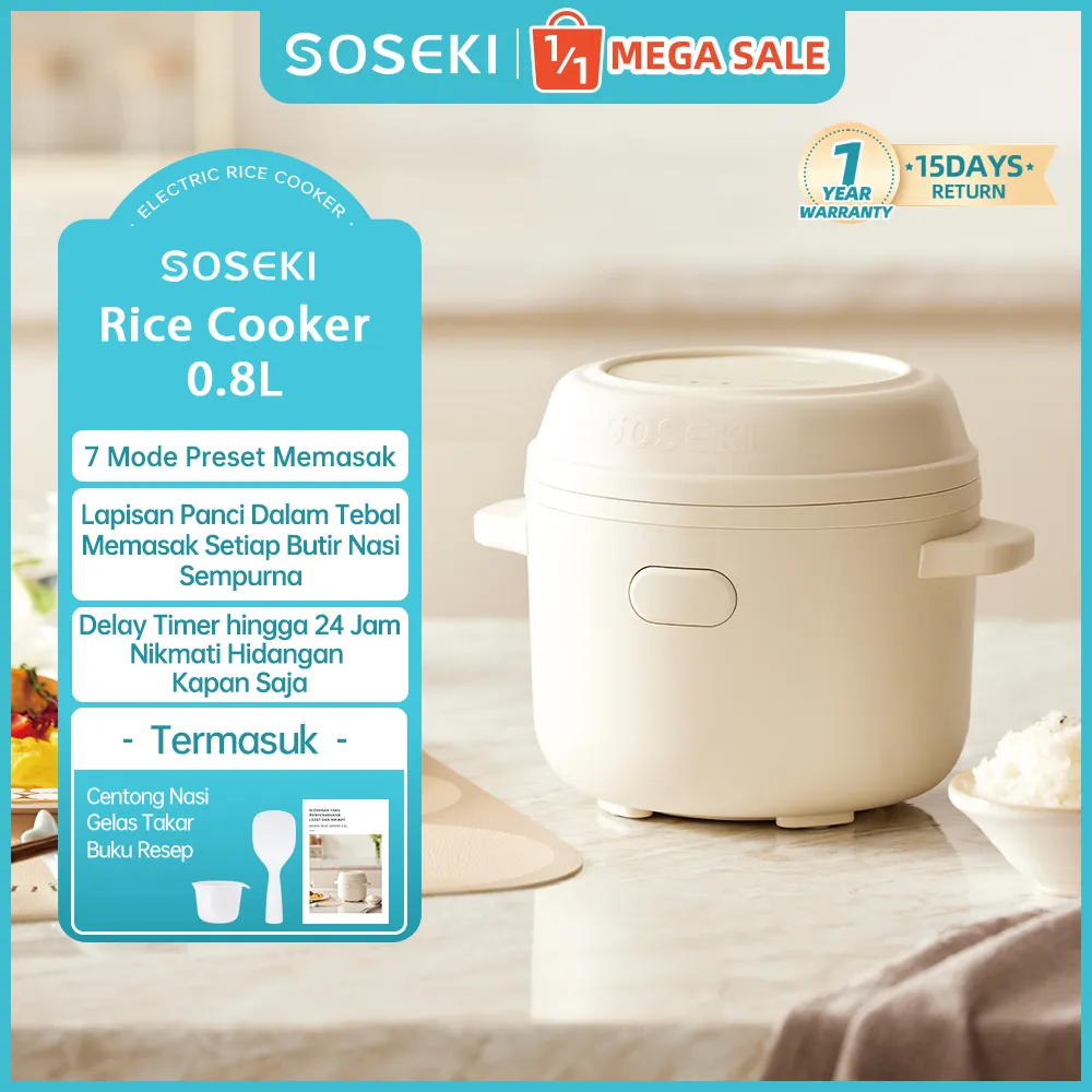 SOSEKI Digital Rice Cooker Mini 0.8 Liter / Magic Com Mini 7 Menu Masak / 400W Low Watt & Anti Lengket