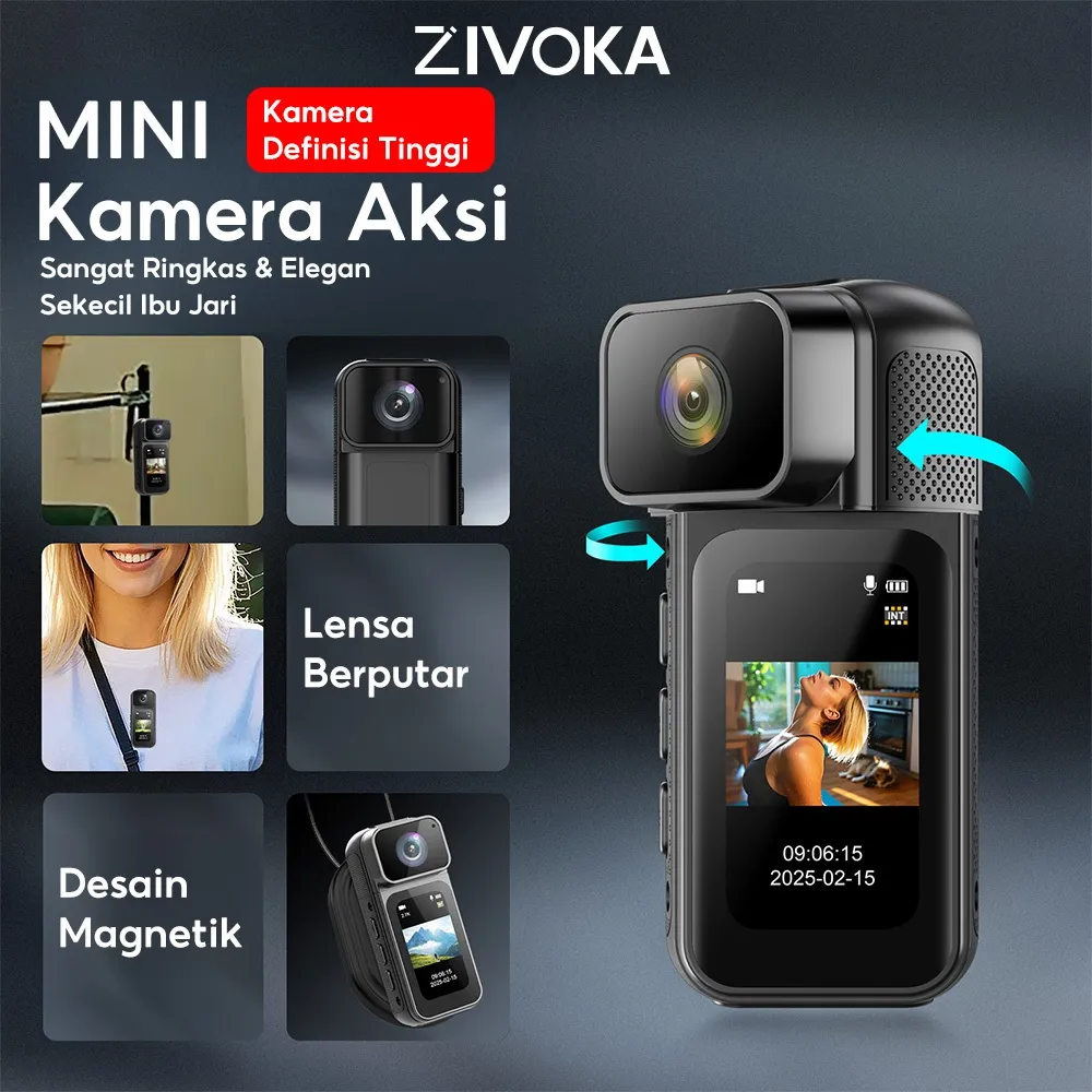 ZIVOKA ViviCam07 Kamera aksi WiFi saku menyaingi camcorder HD GoPro 2.7K, mendukung rotasi 180°, dan dilengkapi casing tahan air. Kamera ini dapat digunakan sebagai kamera aksi atau kamera vlog.