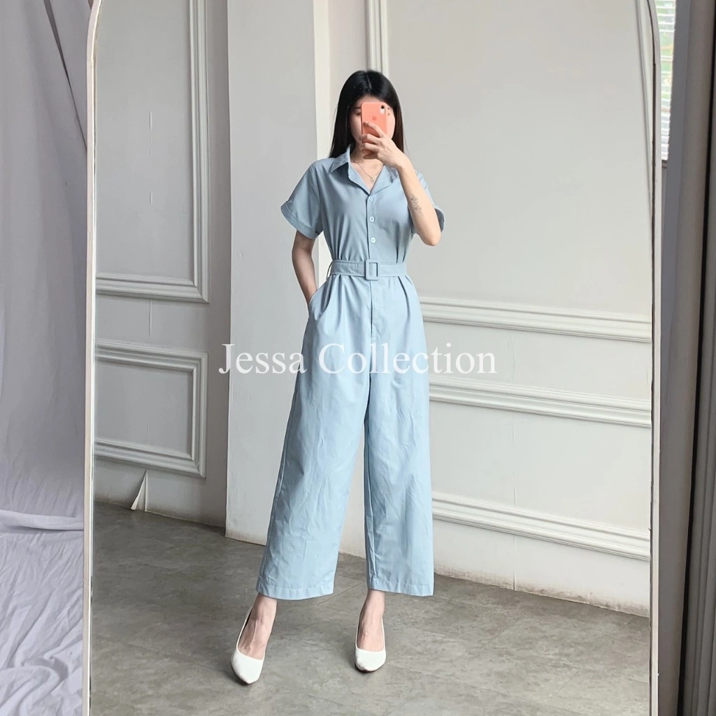 Pieters Long Jumpsuit TH 1102 / 1113 KATUN OXFORD Overall Wanita Celana Panjang Lengan Pendek Motif Polos Casual Simple Belt Pinggang