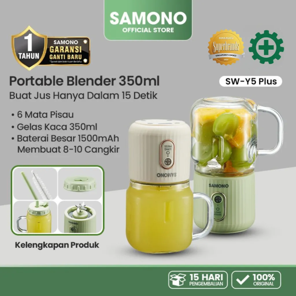 SAMONO Portable Juicer 6 Mata Pisau Stainless Steel Food Grade Blender Jus Buah Mini 350ml Wadah Kaca Tebal Baterai 1500mAh 40W High Power Fast Juicing 15 Detik Botol Minum Portable Sedotan Silikon Garansi Resmi Y5 Plus