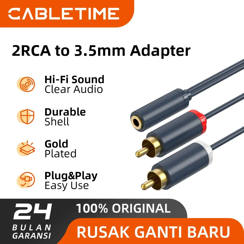 CABLETIME Kabel Aux to RCA Male Stereo 3.5mm Female to 2 RCA For Headphones