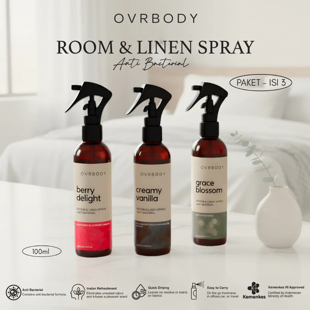 Ovrbody - Room & Linen Spray PAKET (ISI 3) ROOM REFRESHER ANTI BACTERIAL 100ml