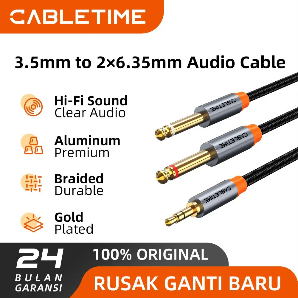 CABLETIME Kabel Aux Splitter 3.5mm Male to 2x 6.5mm Male