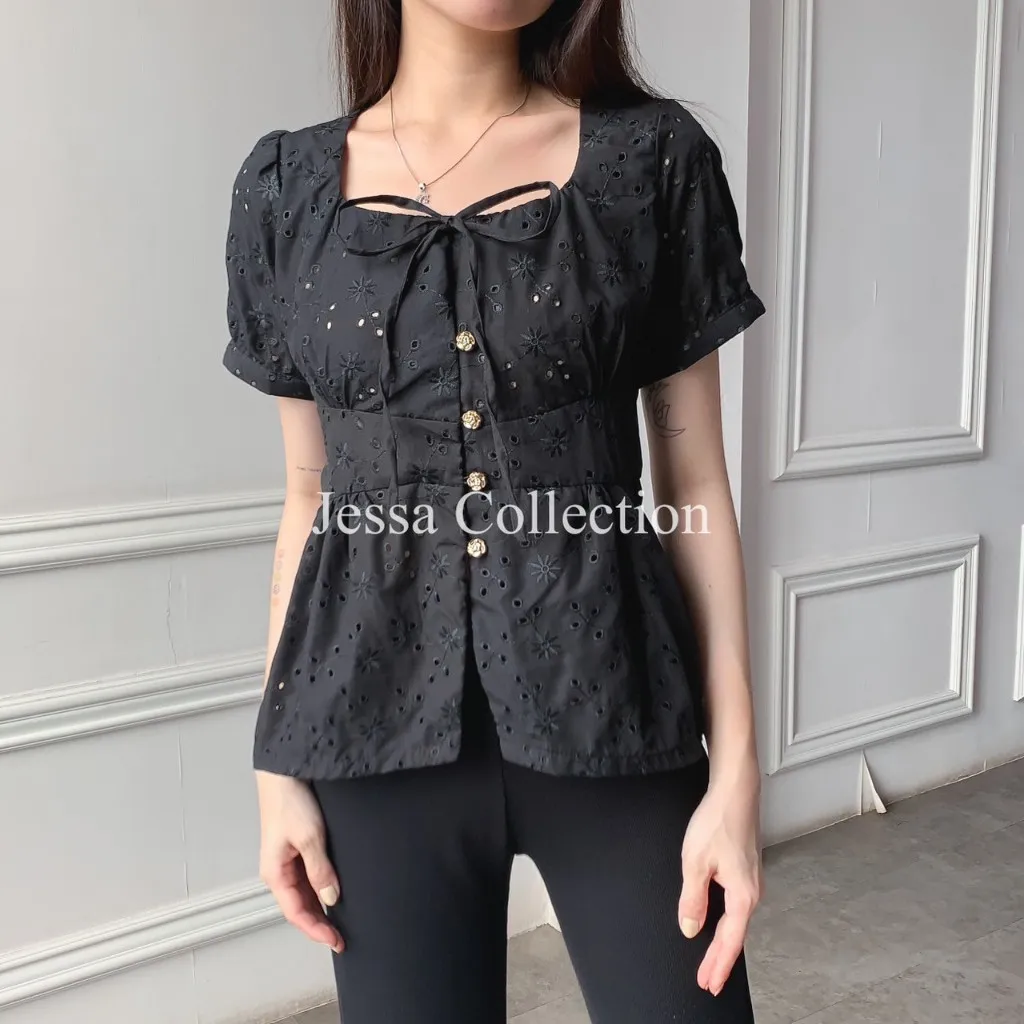 Aleya Peplum Top Katun Bolong FG Baju Wanita Lengan Pendek Casual Blouse Simple