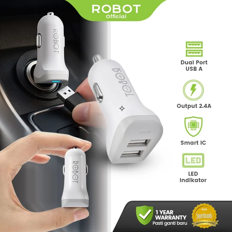 ROBOT RT-C06 Charger Mobil 2 Port USB 2.4A Fast Charging - Smart IC Chip - Colokan Cas HP Auto Detect - Garansi