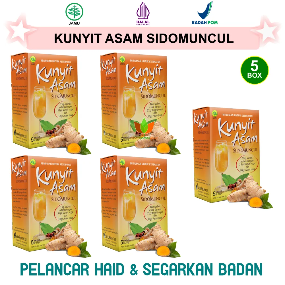 25 SACHET JAMU KUNYIT ASAM SIDOMUNCUL, MINUMAN KESEHATAN PELANCAR HAID SEGARKAN BADAN OBAT HERBAL KUNYIT ASEM SIDO MUNCUL 5 BOX