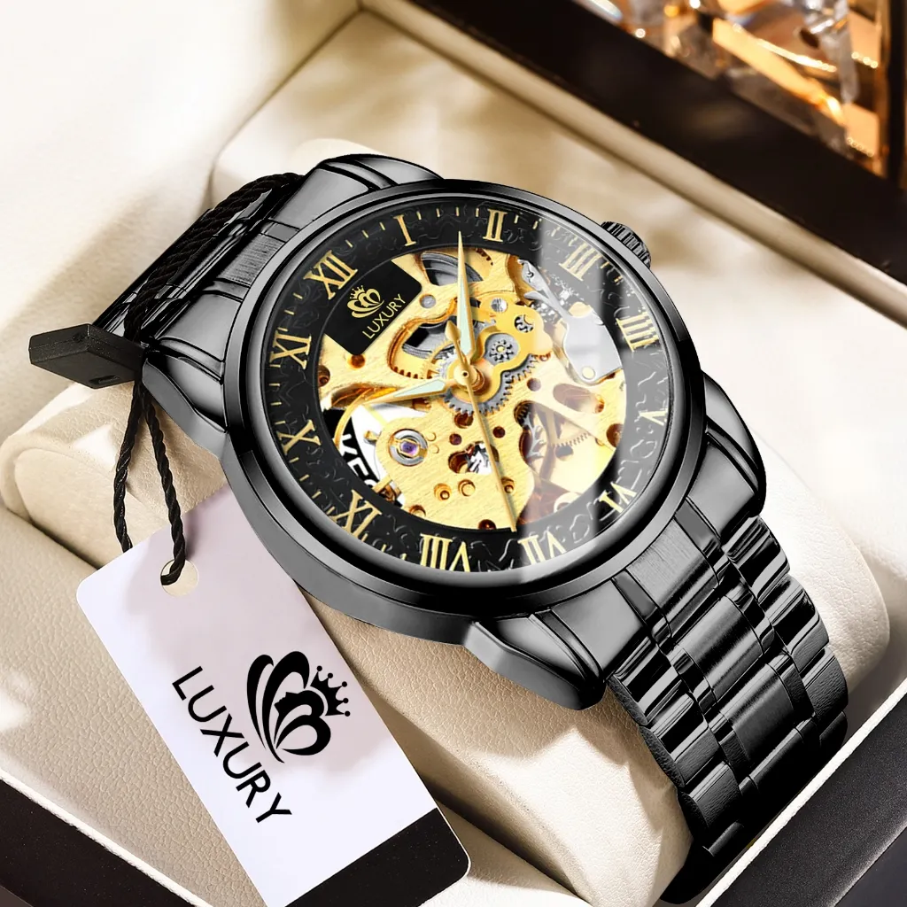 HARGA TERBAIK Jam Tangan Pria Automatic LUXURY Original Tanpa Batrai Tahan Air Bercahaya Dalam Gelap Kaca Transparant Stainless Steel Anti Karat COD FREE BOX