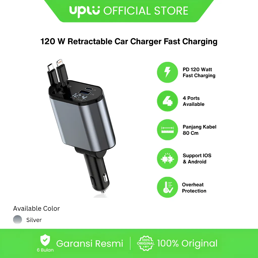 UPLU Car Charger Colokan Mobil 4 Ports PD 120W USB Type C & Lightning Fast Charging Qualcomm 3.0