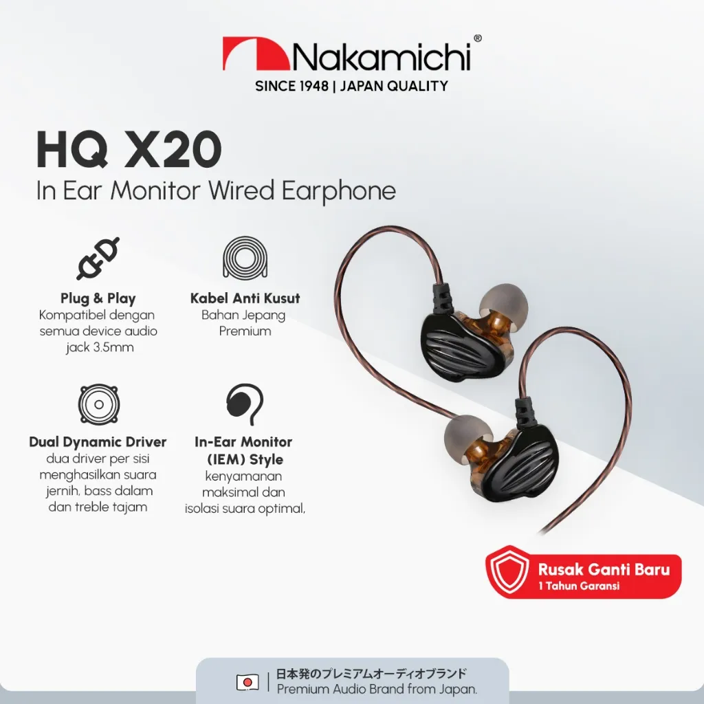 Nakamichi HQ X20 Dual Dynamic Driver In Ear Monitor Wired Earphone Mic