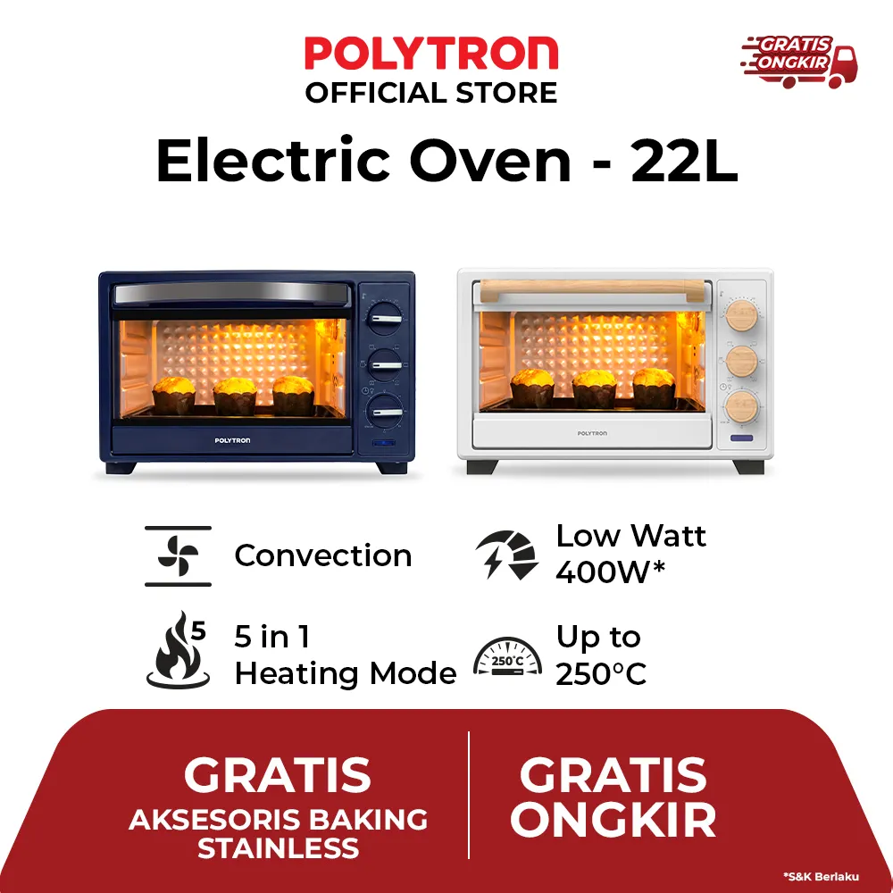 POLYTRON Kitchenmate Oven Listrik Low Watt 22 Liter - PEO 22B1B / PEO 22B2B / PEO 22B2W