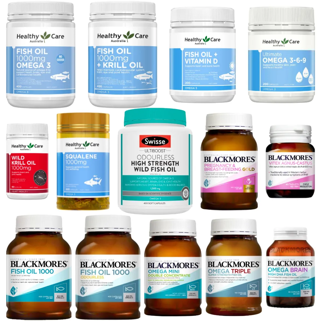 Healthy Care Fish Oil 1000mg 400 Capsules Omega 3 6 9 200 Wild Krill 60 Vitamin D 369 Squalene 1000mg Odourless 1500 mg Mini Caps Double Concentrate Brain Health High DHA Triple 1500mg 150 Pregnancy Breastfeeding 180 Vitex Agnus Castus Blackmores swisse
