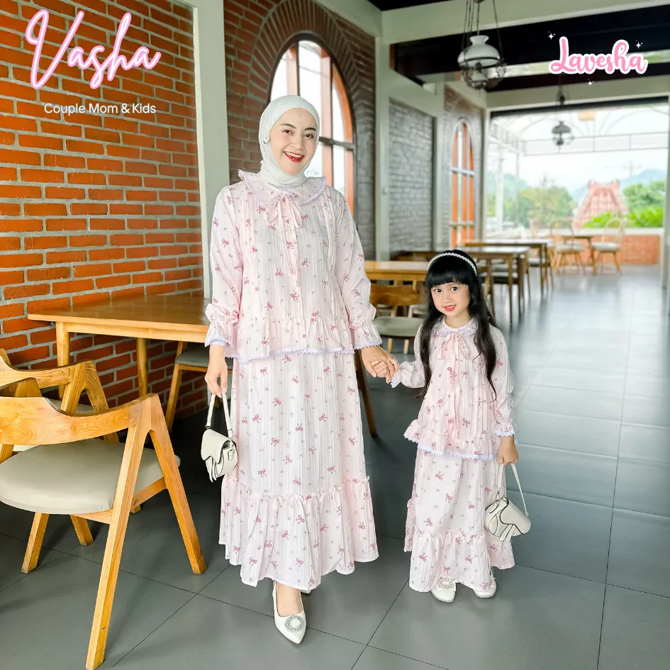 Lavesha Kids - VASHA COUPLE MOM KIDS | Setelan Atasan dan Rok | Crinkle Elora Premium Motif Pita