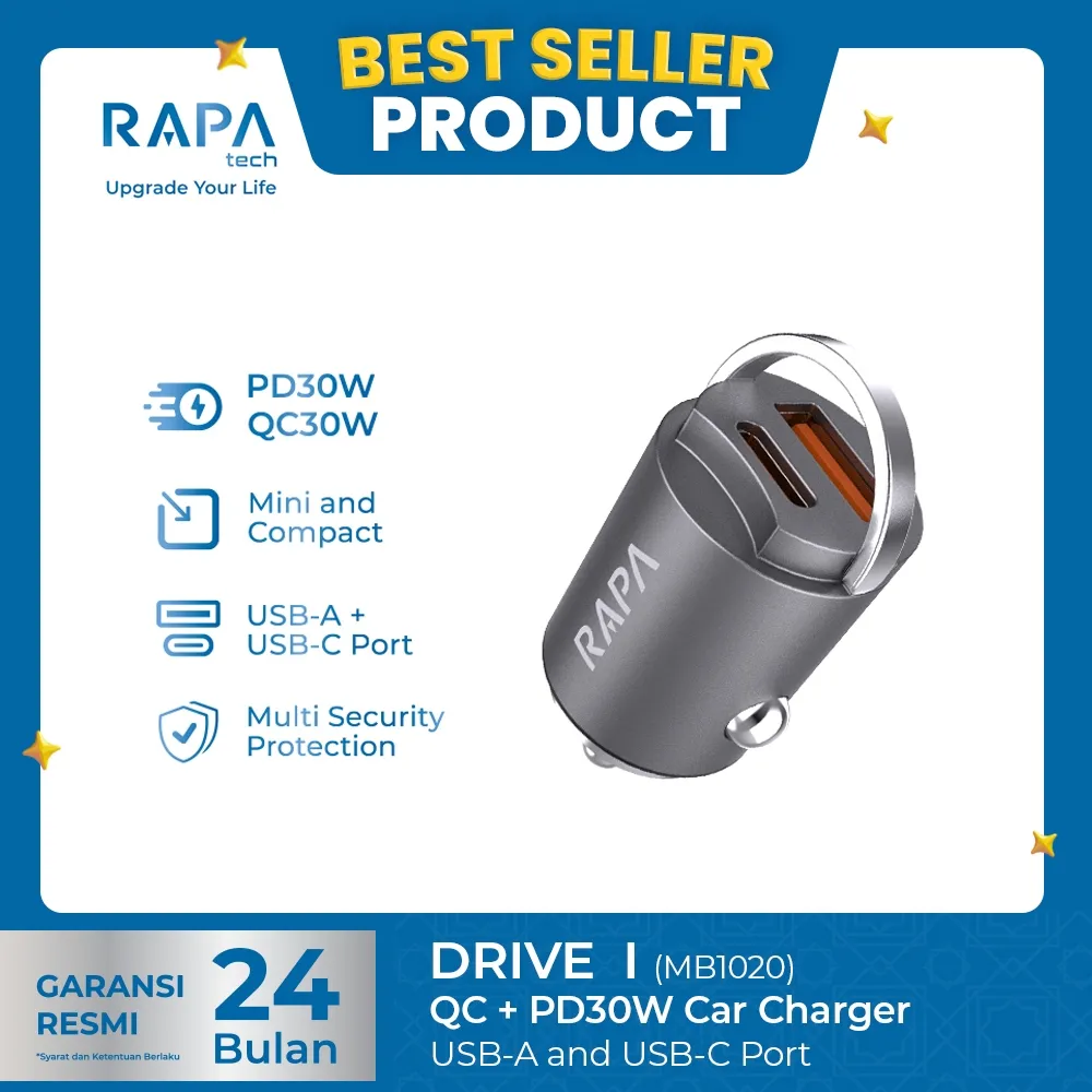 RAPAtech Car Charger DRIVE I Dual Port Fast Charging 30W MB1020 Charger Mobil Fast Charging Casan Mobil