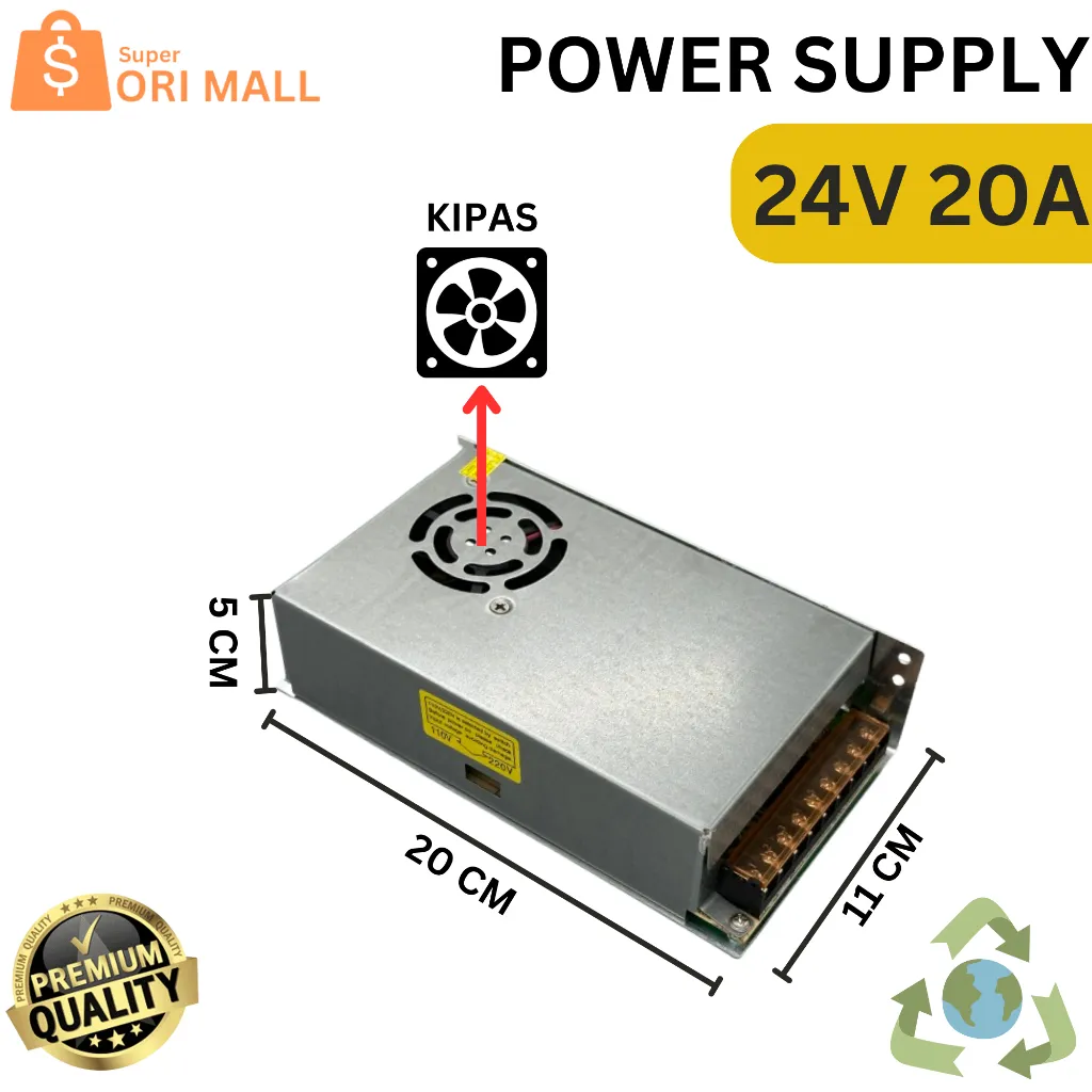 Switching Power Supply PSU 24V 20A High Quality, 24 Volt 20 Ampere Cooling Fan Jaring Adaptor SMPS