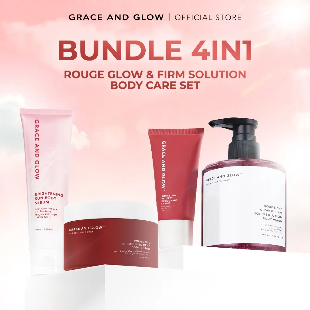 Grace and Glow 4in1 Rouge Series Body Care Set - Paket Perawatan Tubuh Mengurangi Strecthmark (Sabun Mandi + Serum Badan SPF Body Serum + Deodorant Serum + Clay Mask Body Scrub)