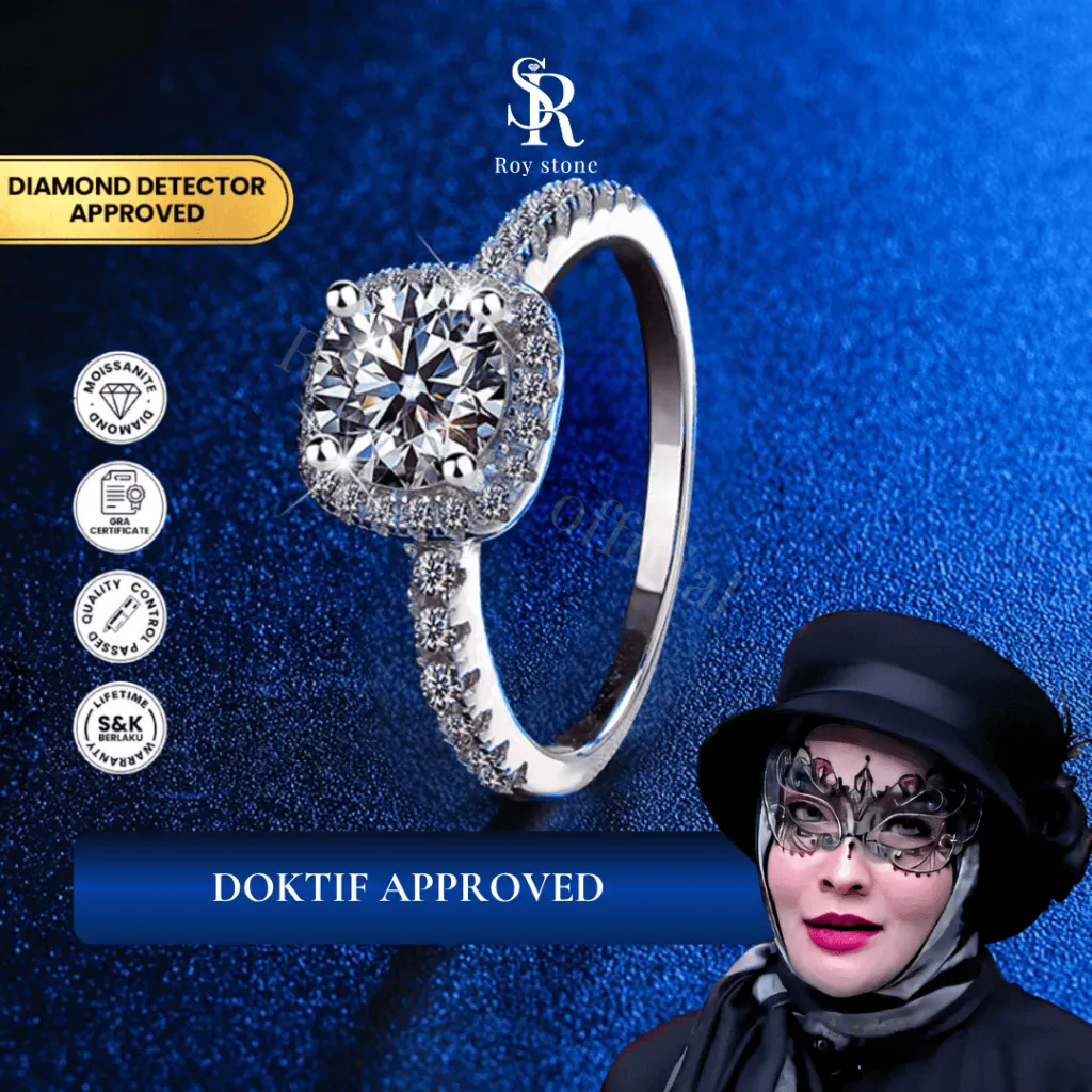 Roystone_Moissanite Cincin Wanita Original Sertifikat GRA Silver925 Lapis Emas18K_Luxury Square Ring