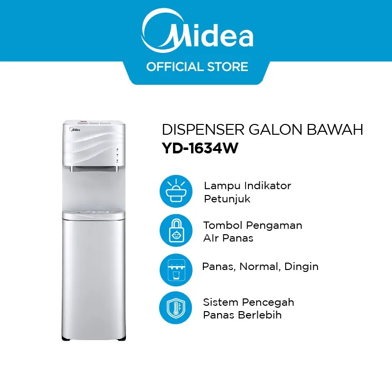 Midea Dispenser Galon Bawah YD-1634W Hemat Daya Garansi Resmi - Dispenser Bottom Loading Panas Normal Dingin