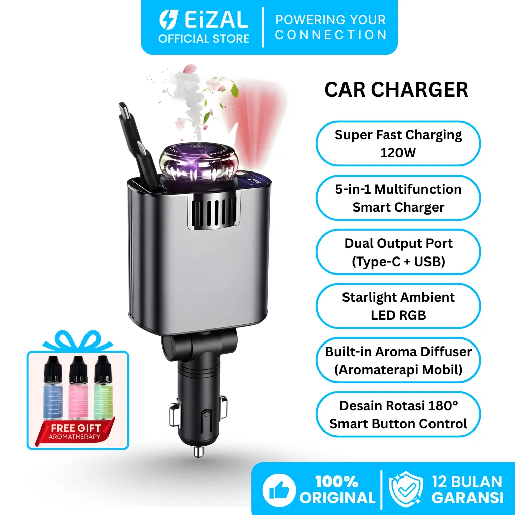 EIZAL Car Charger 120W Starry Light & Aromatherapy Fast Charging Colokan USB Mobil Built In Kabel