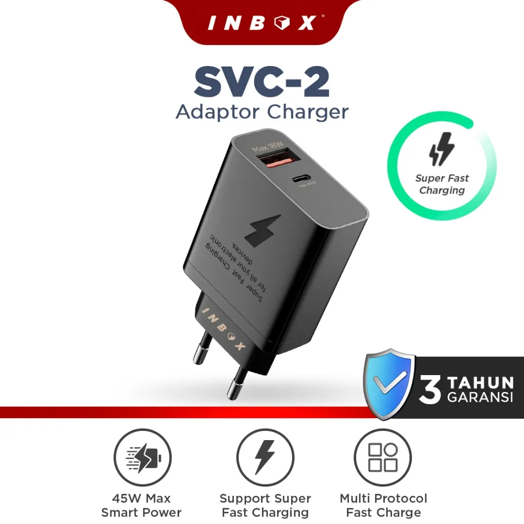Inbox Kepala Charger SVC-2 45W Super Fast Charging Dual Port USB Type C - Adaptor dan Kabel Data Type C
