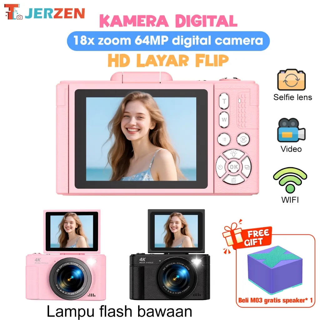 T-JERZEN Kamera Digital wifi CCD 64MP 16X Zoom 4K Digital Camera for Photography WiFi Autofocus Vlogging Camera for YouTube 180° 3" Flip Screen 30FPS Video Cameras with Flash Anti-Shake 32GB Card Compact Travel Digital Camera V5