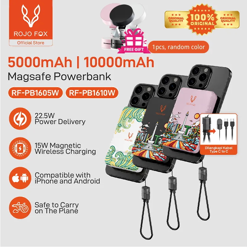 ROJO FOX Powerbank 10000mAh 2-in-1 | MagSafe Wireless 15W & PD 20/22.5W Fast Charging | Mini & Portabel | LED Display | Kompatibel iPhone, Samsung & Android | RF-PB610W