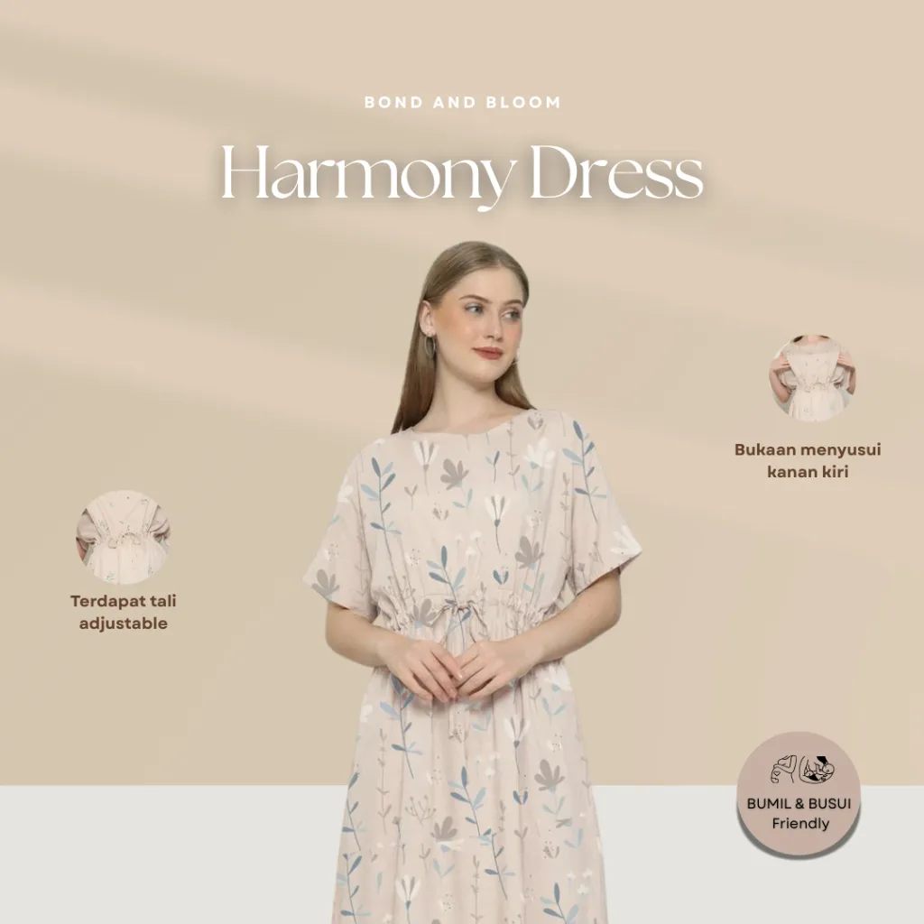 Bond and Bloom Harmony Dress in Pink Flower,  Baju Hamil dan Menyusui, Bahan Rayon Premium Adem