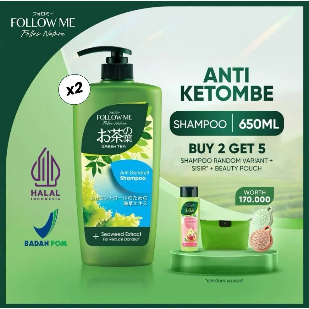 BUY 2 GET 5 - Follow Me Follow Nature Green Tea - Anti-Dandruff Shampoo 650Ml X2 - FREE Shampoo 320Ml Random Variant, Silicon Brush, Beauty Pouch
