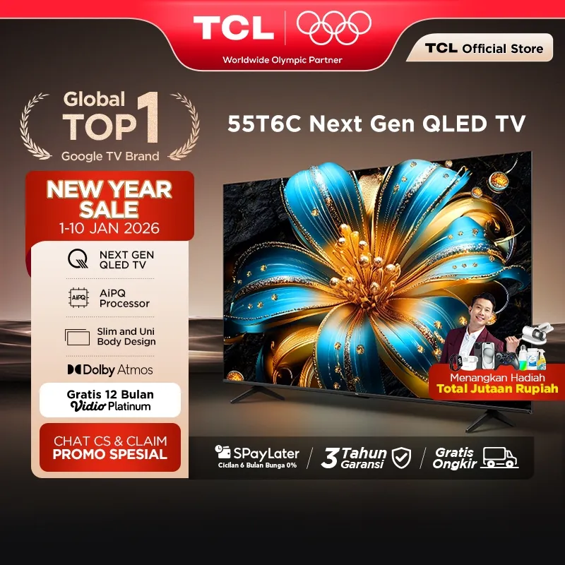 TCL Next Gen QLED 55 inch T6C - 4K Google TV - HVA Panel - HDR 10+ - Dolby Vision & Atmos - Google Assistant/Google Play/Netflix/Youtube/Disney+Hotstar - Smart Android 50 LED Digital (Model: 55T6C)