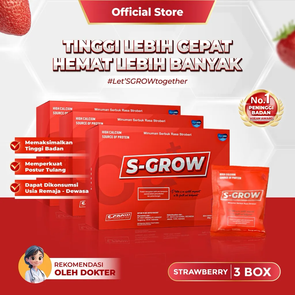 S-GROW 3 BOX – Susu Tinggi Kalsium Terbaik untuk Pertumbuhan Remaja dan Dewasa  | Varian Strawberry