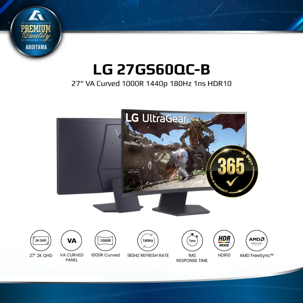 Monitor LED UltraGear LG 27GS60QC-B 27" VA Curved 1000R 1440p 2K QHD 180Hz 1ns HDR10 3-side virtually borderless design AMD FreeSync / VESA certified AdaptiveSync Lebih unggul dengan imersi terbaik 1000R