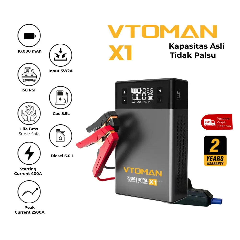 VTOMAN X1 Pro 10000 mAh | 32Wh Jump Starter Aki Powerbank Pompa Angin Portable Jumper Aki Mobil