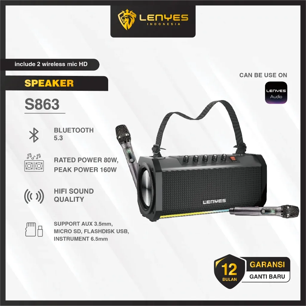 LENYES S863 160W Outdoor KTV Wireless Speaker + Microphone Karaoke Bluetooth 5.3 High Power Bass Subwoofer RGB Light TWS