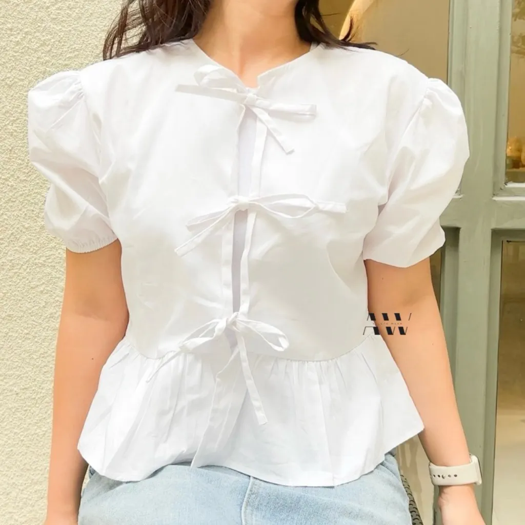 KAYLA TOP | Blouse Korea | Atasan Perempuan | Ribbon Top | Lengan panjang dan Lengan Pendek