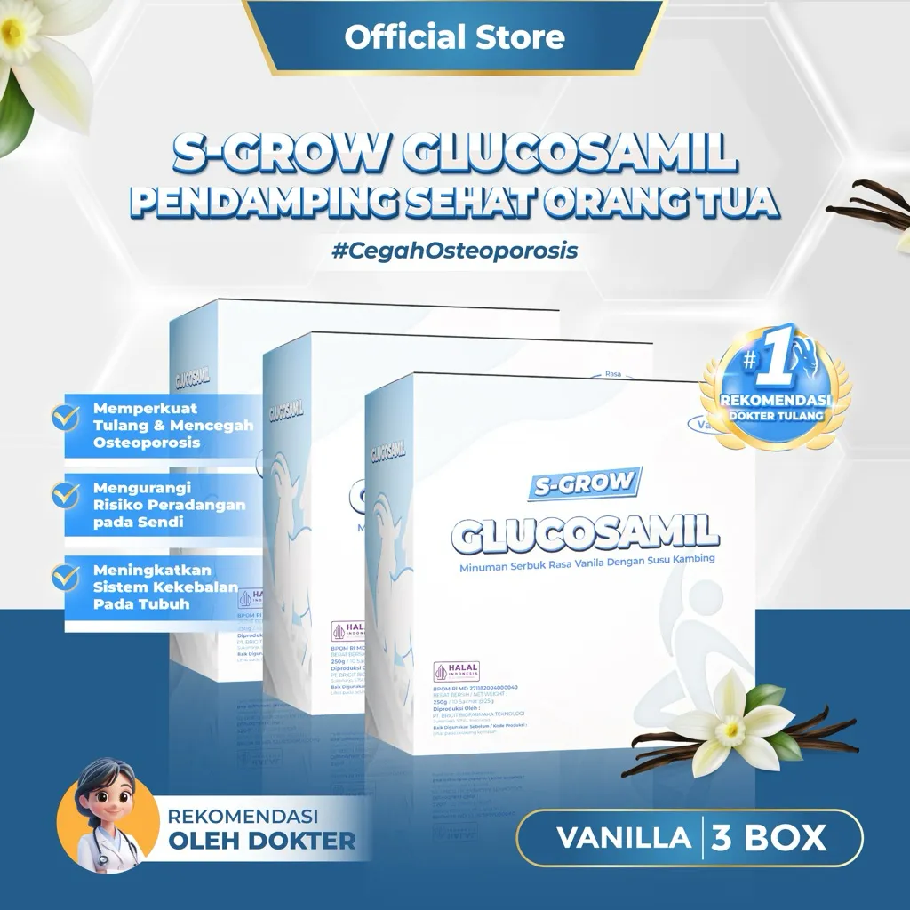 S-GROW GLUCOSAMIL 3 BOX – Susu Etawa Tinggi Kalsium Rasa Vanila untuk Tulang & Sendi