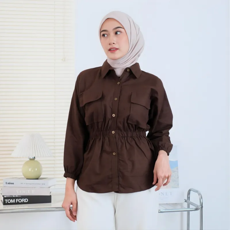 Feena Shirt Linen Atasan kemeja wanita kekinian kerut depan belakang