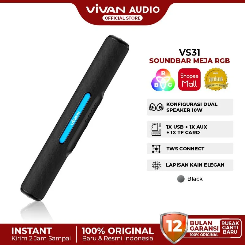 [PRE-ORDER] VIVAN Bluetooth Soundbar TV Super Bass RGB LED Lampu TWS Interkoneksi 4 Mode Playback VS31 Garansi 12 Bulan