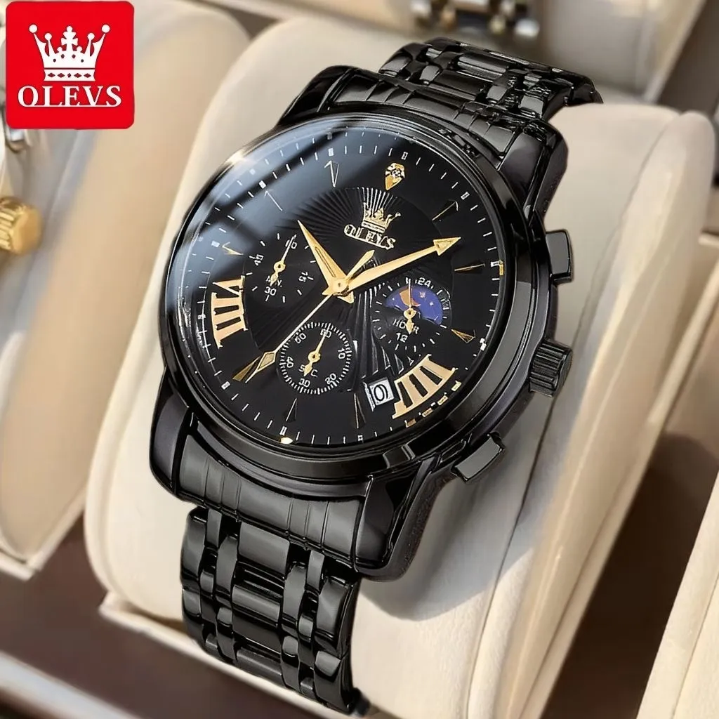 OLEVS Jam Tangan Pria Anti Air Original Stainless Steel Chronograph Analog Quartz Mewah Men Watch